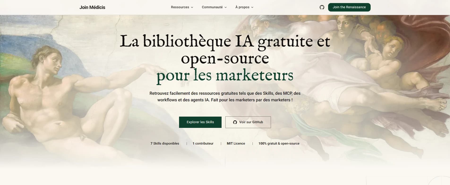 Page d'accueil de Join Médicis : « La bibliothèque IA gratuite et open-source pour les marketeurs », sur fond de fresque de la Renaissance.